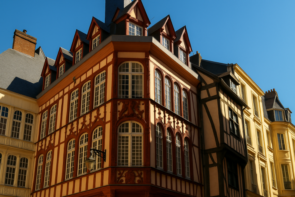 Façade typique du centre historique de Rouen, ville où KLEO Conciergerie gère des logements Airbnb.